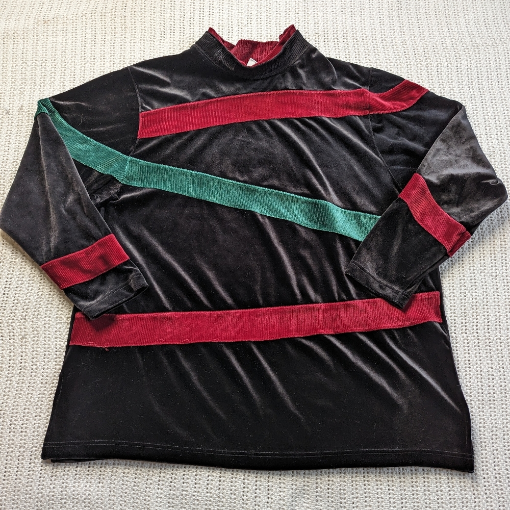 VTG Top 80s 90s Colorblock Retro Velvet Velour Mock Neck Long Sleeve Womens XL